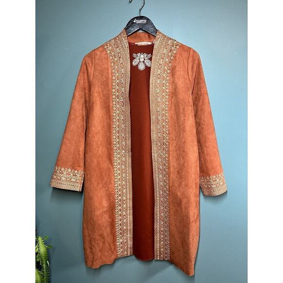 Soft Surroundings Womens Faux Suede Leona Duster Jacket Embroidered XS Pockets - Picture 1 of 8